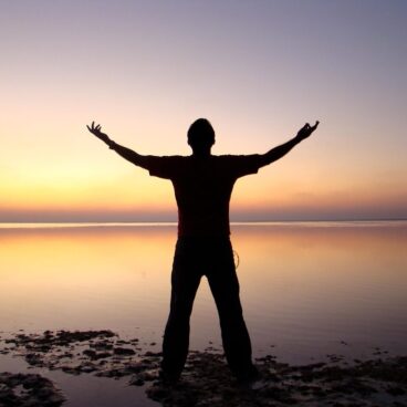 man, silhouette, beach, sunset, dusk, twilight, afterglow, male silhouette, nature, open arms, backlighting, freedom, horizon, ocean, person, sea, seashore, sunrise, water